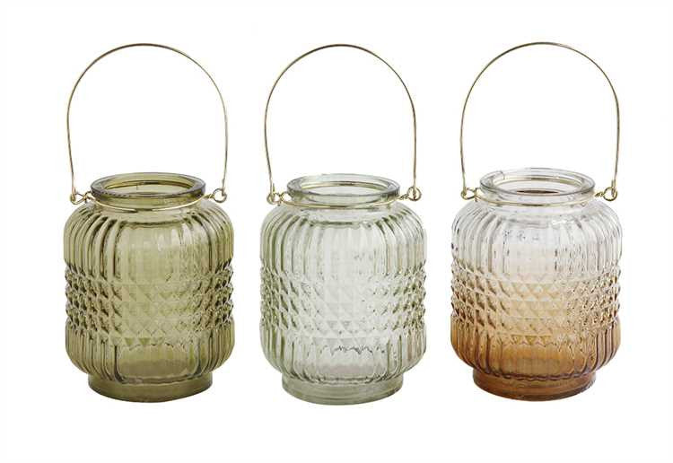 Bohemian Glass Lanterns with Metal Handle, Set of 3