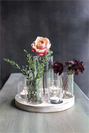 Versatile Round Wood Tray with 7 Glass Votive Holders / Vases