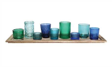 Wood Tray with 9 Glass Votive Holders, Blue