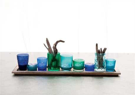 Wood Tray with 9 Glass Votive Holders, Blue