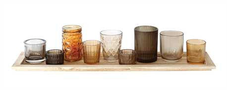 Wood Tray with 9 Glass Votive Holders, Brown